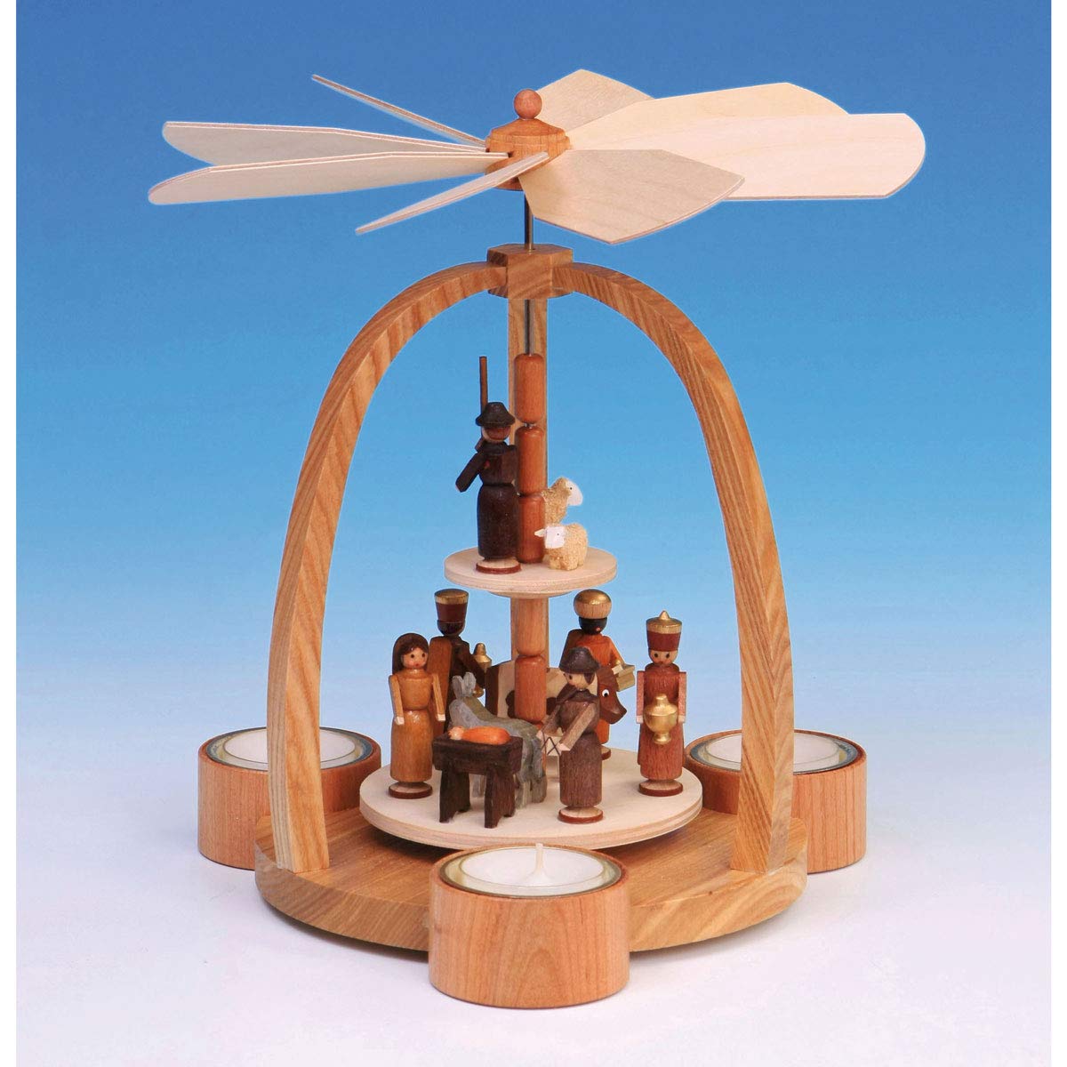 Piramida na świeczki typu tealight Christi narodziny, naturalna – piramida stołowa – piramida bożonarodzeniowa – drewno – rękodzieło z Rudaw – wysokość 27 cm – nowa