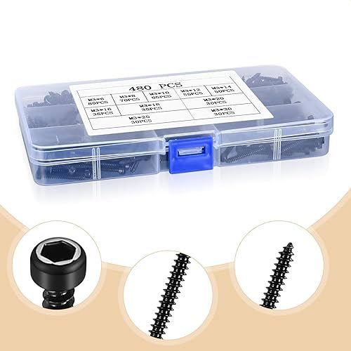 Miniatura 10 de Kit surtido de 720 tornillos hexagonales M3 cabeza panorámica y cabeza plana acero de aleación negro M3x 0157in0236in0315in0394in0472in