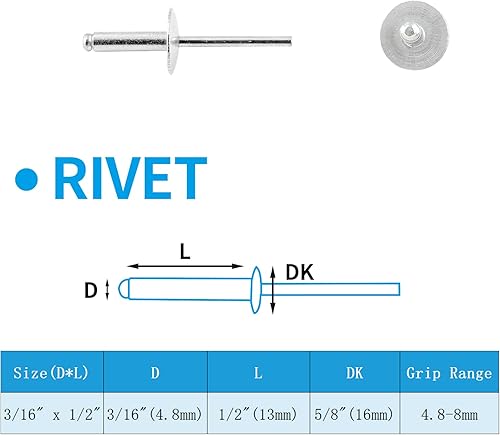 Miniatura 3 de 120 remaches ciegos de aluminio, surtido de remaches de 316 x 12 pulgadas, color plateado