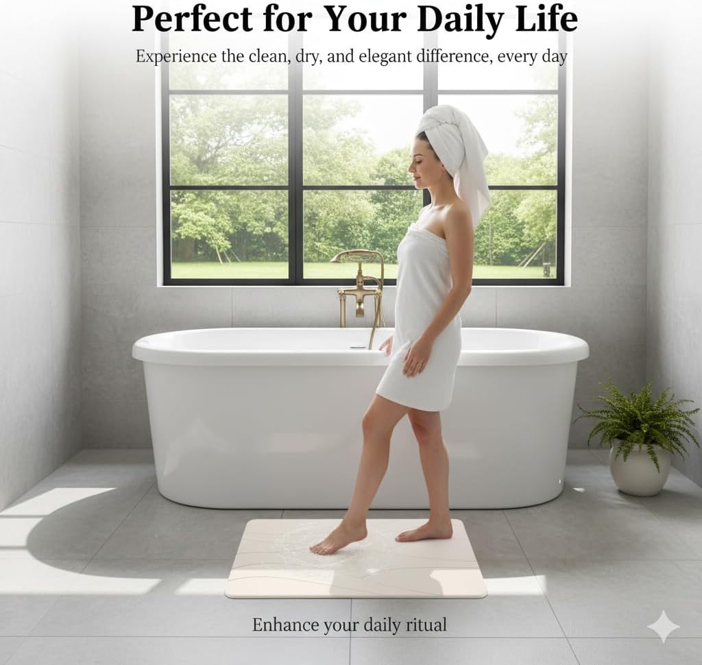 White Stone Bath Mat – Quick Dry Diatomaceous Earth Bathroom Mat, Non-Slip & Absorbent Fast Drying Floor Mat, Easy to Clean, Modern Spa-Style Shower Mat