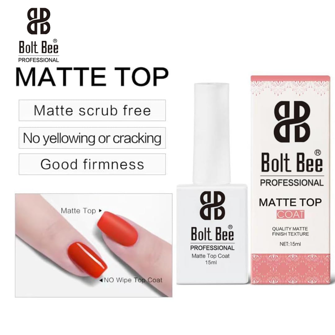 Bolt Bee Matte Top Coat – 15ml No Wipe Gel Top Coat for Gel Polish, Long-Lasting Velvet Matte Finish, Soak Off UV/LED Gel, Chip-Resistant, Non-Yellowing Nail Art Sealant 1