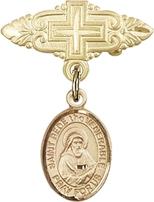 14kt Yellow Gold Baby Badge with St. Bede the Venerable Charm and Badge Pin with Cross 1 X 3/4 inches