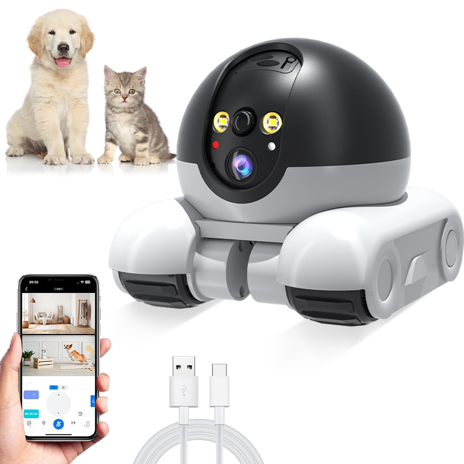 Robot de Caméra, Caméra pour Animaux de Compagnie à Double Objectif 1080p, de sécurité Intérieure WiFi, Suivi du Mouvement, Conversation à Deux Voies, Contrôle des