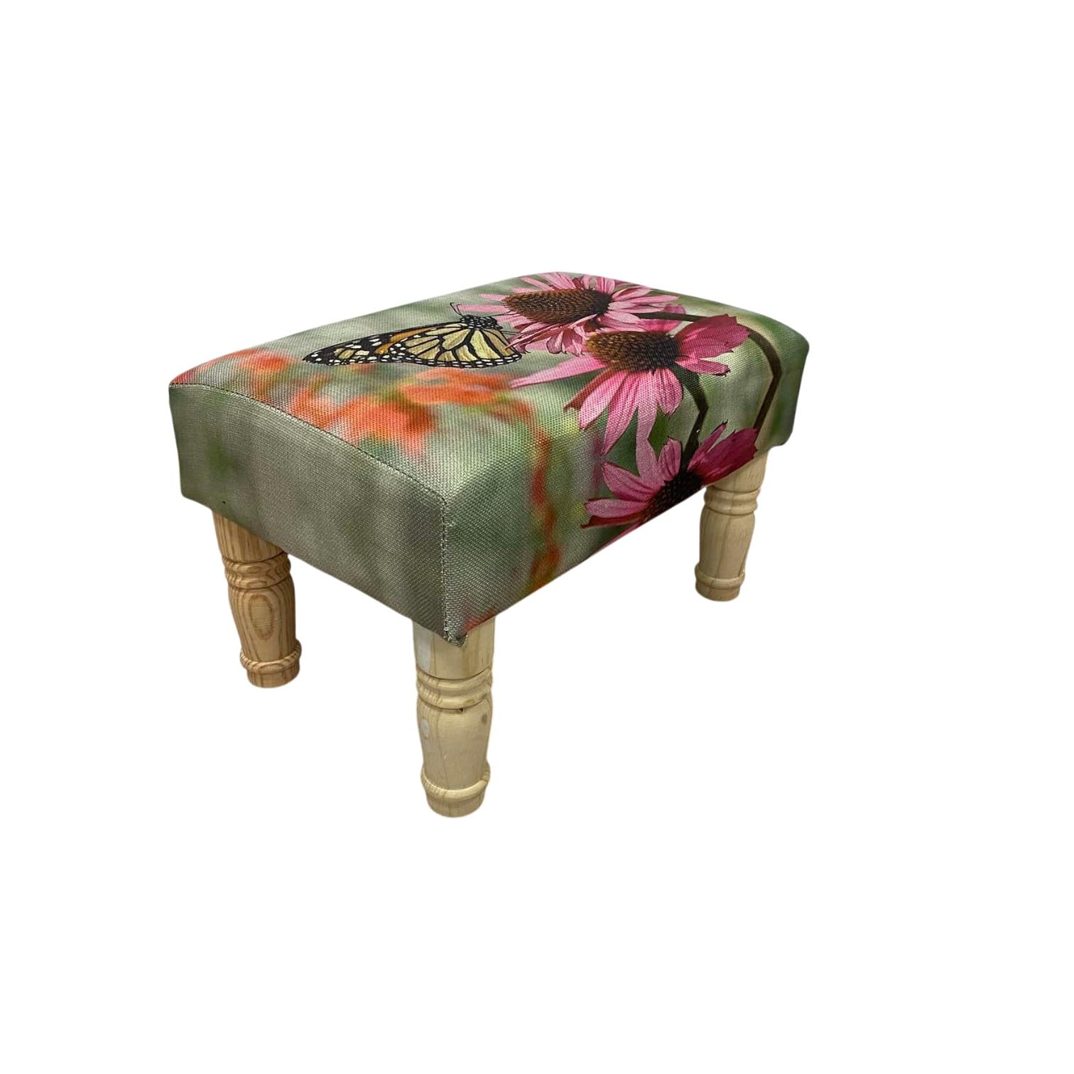 Comfortable & Rustic 40CM Country Cottage Linen Footstool – Rectangular Padded Ottoman with Durable Construction, Medium Firm Foam for Living Room, Bedroom Decor (Butterfly Printed Footstool)