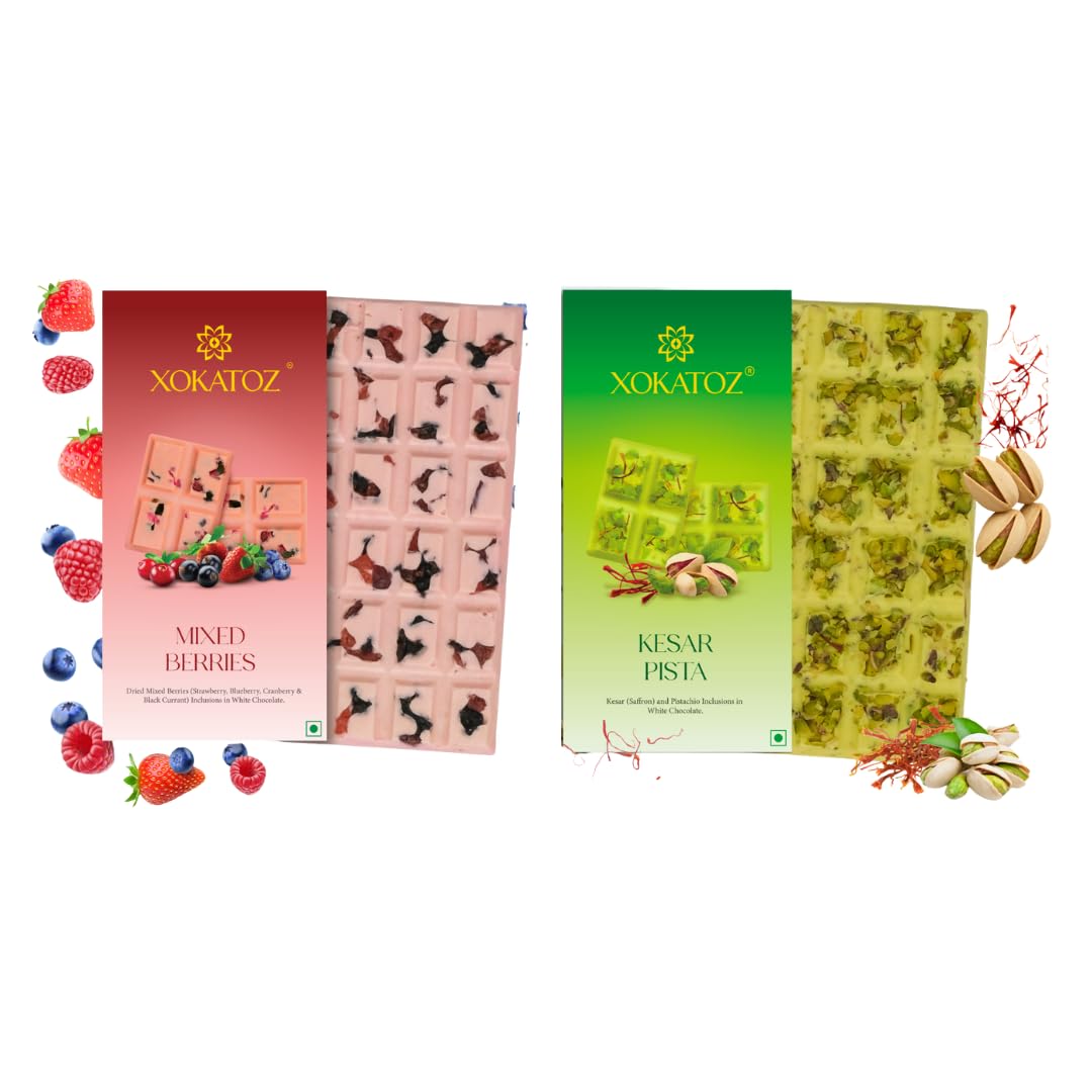 Sponsored Ad - Exotic Premium Chocolate - 1 Mixed Berries and 1 Kesar Pista Flavours - Flavoured White Chocolate Bars - Gift Set- Pack of 2, 150g (75g x 2)