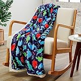 Elegant Comfort Reversible, Printed Sherpa Throw Blanket, All-Season Blanket- Super Soft, Cozy and Plush- Decorative Throw, Perfect for Lounging, 50 x 60 inches, Navy Dino Sherpa Throw Blanket
