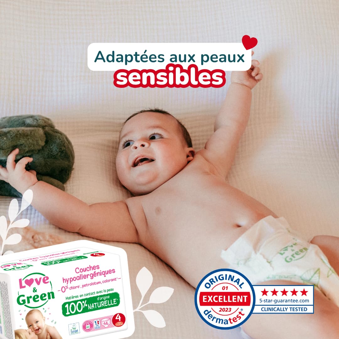 Love & Green - Zdrowe i ekologiczne pieluchy dla niemowląt - Rozmiar 4 (7-14 Kg) - Opakowanie 1 miesiąc (184 pieluchy) - chłonne, nieprzeciekające i bez niepożądanych składników
