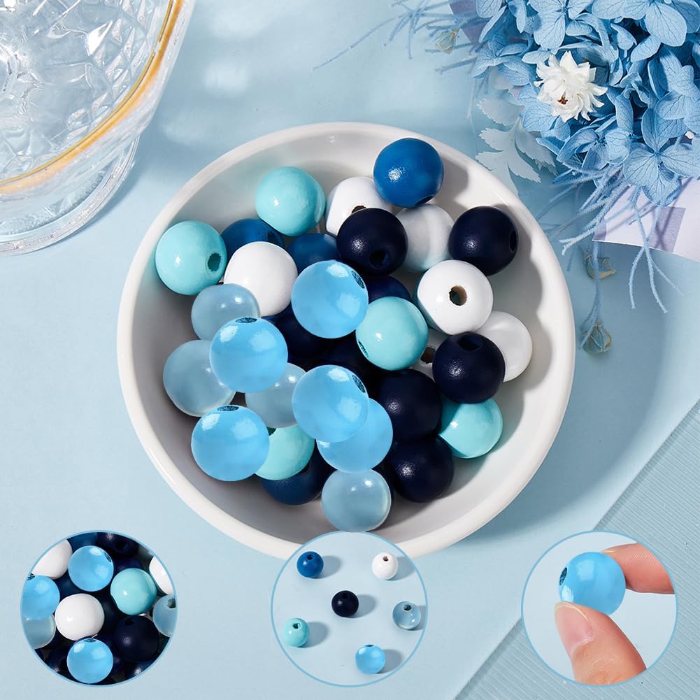 180Pcs Blue Wood Bead Round Wooden Beads 16mm Smooth Ball White Ocean Colorful Natural Farmhouse Loose Spacer Beads for Jewelry Making Bracelets Necklaces Earrings Supplies DIY Decorations