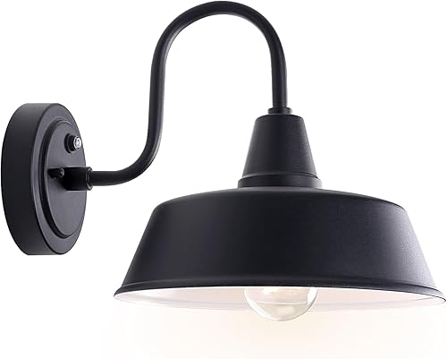 Luces de granero de anochecer al amanecer para exteriores con cúpula de 10 pulgadas, lámpara exterior de cuello de cisne negro con interior blanco,