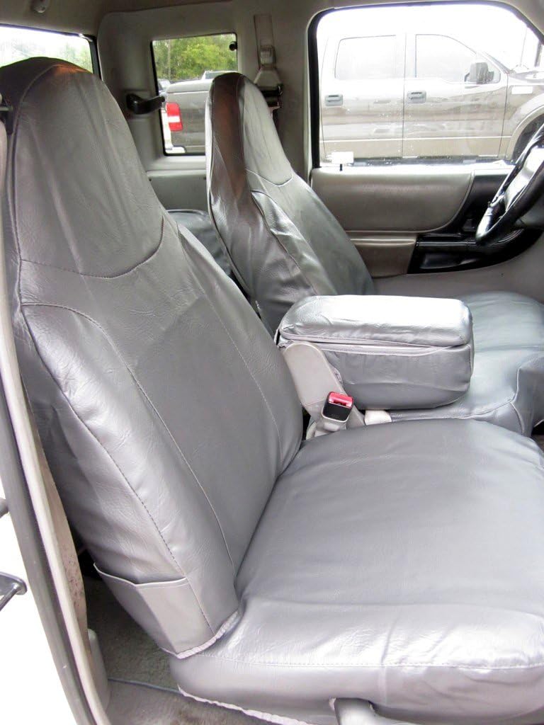 Durafit Seat Covers Made to fit 1998-2001 Ford Ranger XLT XCab Front High Back 60/40 Split Bench with Molded Headrests and Opening Center Console in Dark Gray Leatherette