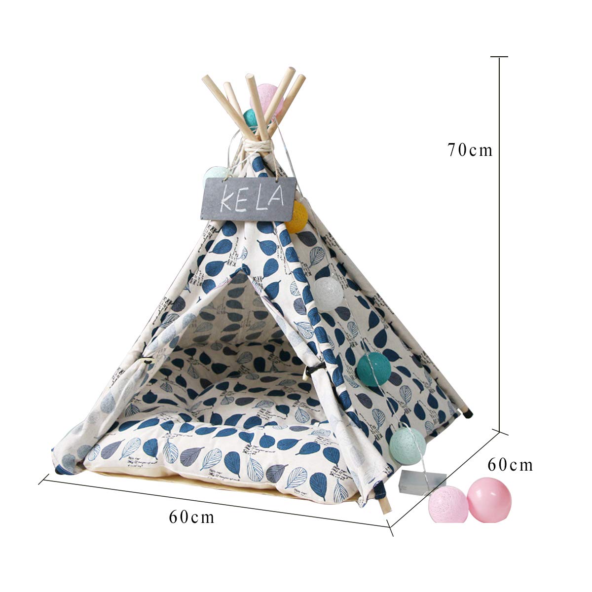 TentHome Tente Tipi avec Coussin pour Chiens Chiots Chats Animaux de Compagnie Niche pour Chien avec Matelas Amovible et Lavable, Feuille Bleue (70cm x 60cm x 60cm)