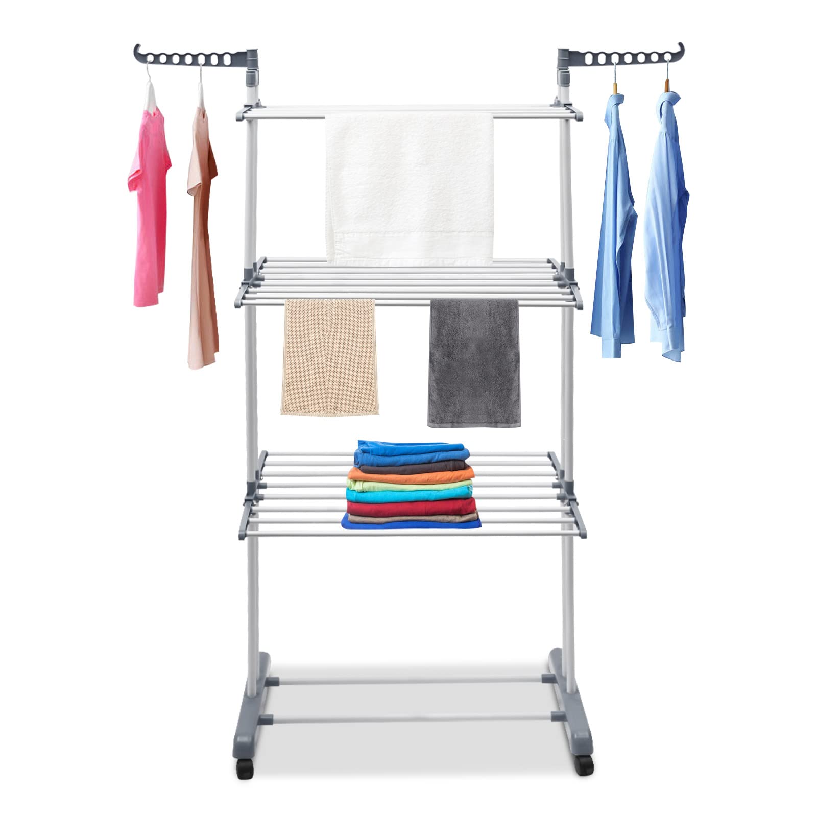 XUFOPLY Clothes Drying Rack, 4-Tier Clothes Horses Rack Foldable Metal Laundry Garment Dryer Stand with Two Side Wings for Bedrooms, Lofts, Balconies, Patios (Gray)