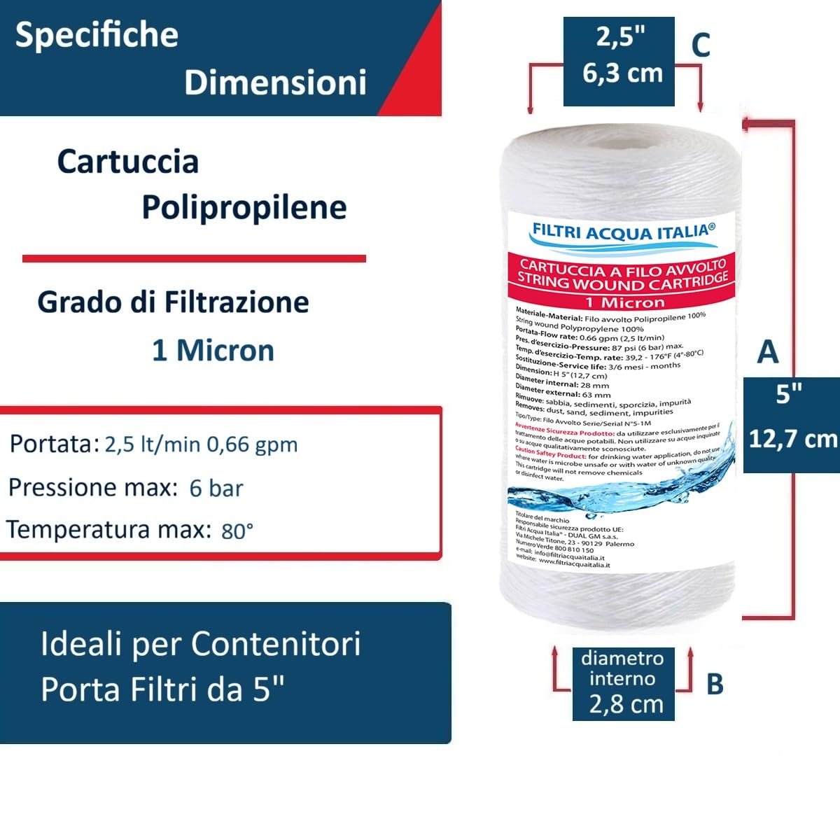 FILTRIACQUAITALIA Cartuccia Filtro in Filo Avvolto 5 Pollici Polipropilene Micron 1 Set 10 Pezzi