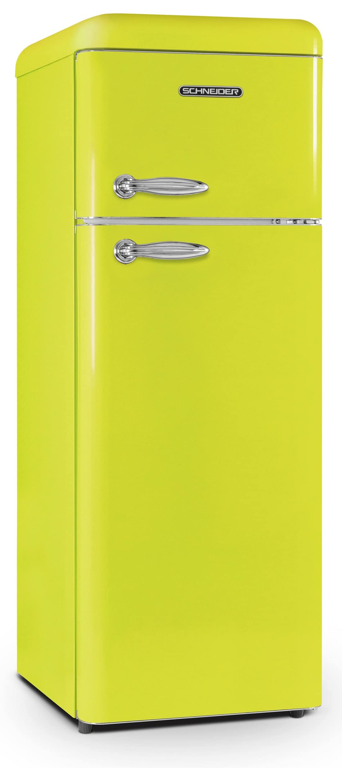 SCHNEIDER SCDD208VRIO, Réfrigérateur 2 portes Vintage, 211L (172+39), Froid statique, 3 clayettes verre, Pieds réglables, 5 balconnets, Vert acidulé