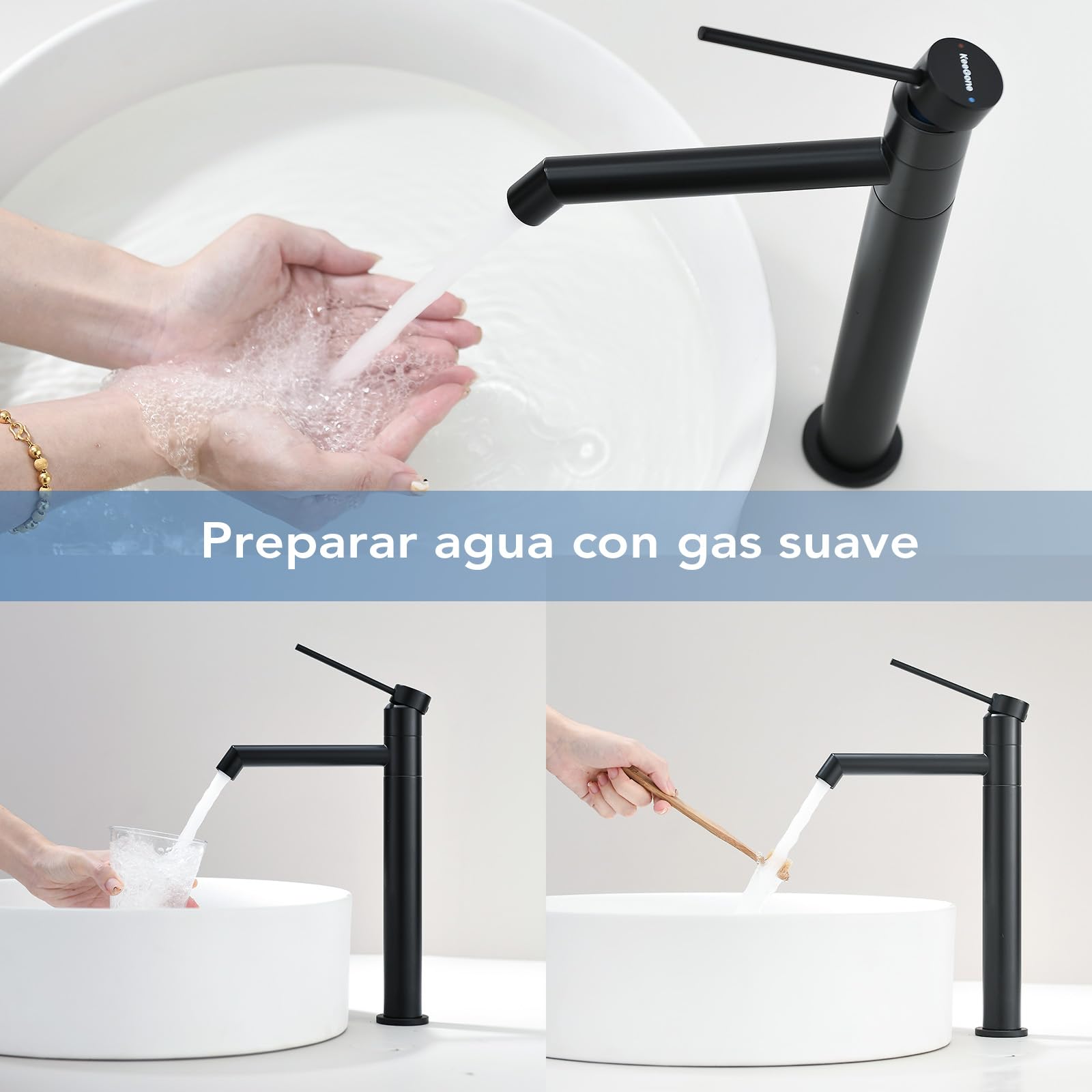 Grifo de Lavabo Elevado, Grifo de Baño 222 MM, con Aireador Extraíble y Cartucho Cerámico, Giro de 360°, Mezclador de un Solo Mango para el Lavabo del Baño, para Lavabos Elevados de Baño, Negro