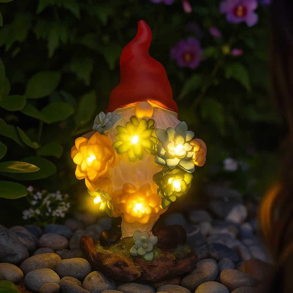 Solar Gonk Garden Ornament with LED Lights – Pack of 1 - 21cm/8.1 inch Outdoor Gnome Statue with Succulent Plant, Decorative Figurine for Patio, Balcony, Yard, Lawn – Unique Housewarming Gift — image 1