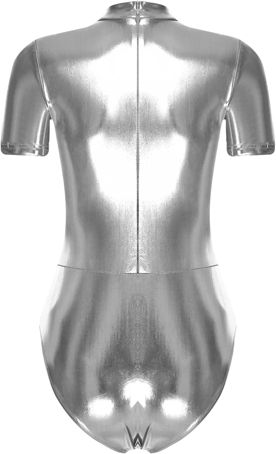 Women's Metallic Shiny Bodysuit Back Hidden Zipper Short Sleeve Mock Neck Bodycon Leotard
