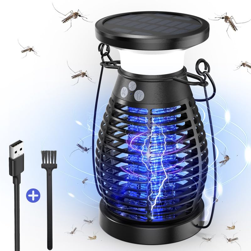 bubbacare Solar Lampara Antimosquitos, 3 IN 1 UV Mata Mosquitos Electrico, 4200V USB Recargable Lampara Mosquitos IP66 Impermeable Trampa Moscas para Oficina Dormitorio Cocina Jardín Camping, Negro