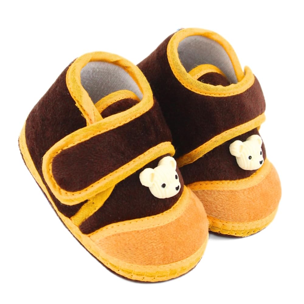 6 To 12 Months Baby Boys & Baby Girls Velboa Bear Face Brown Hook & Loop Shoe Booties-BT5594-image-10