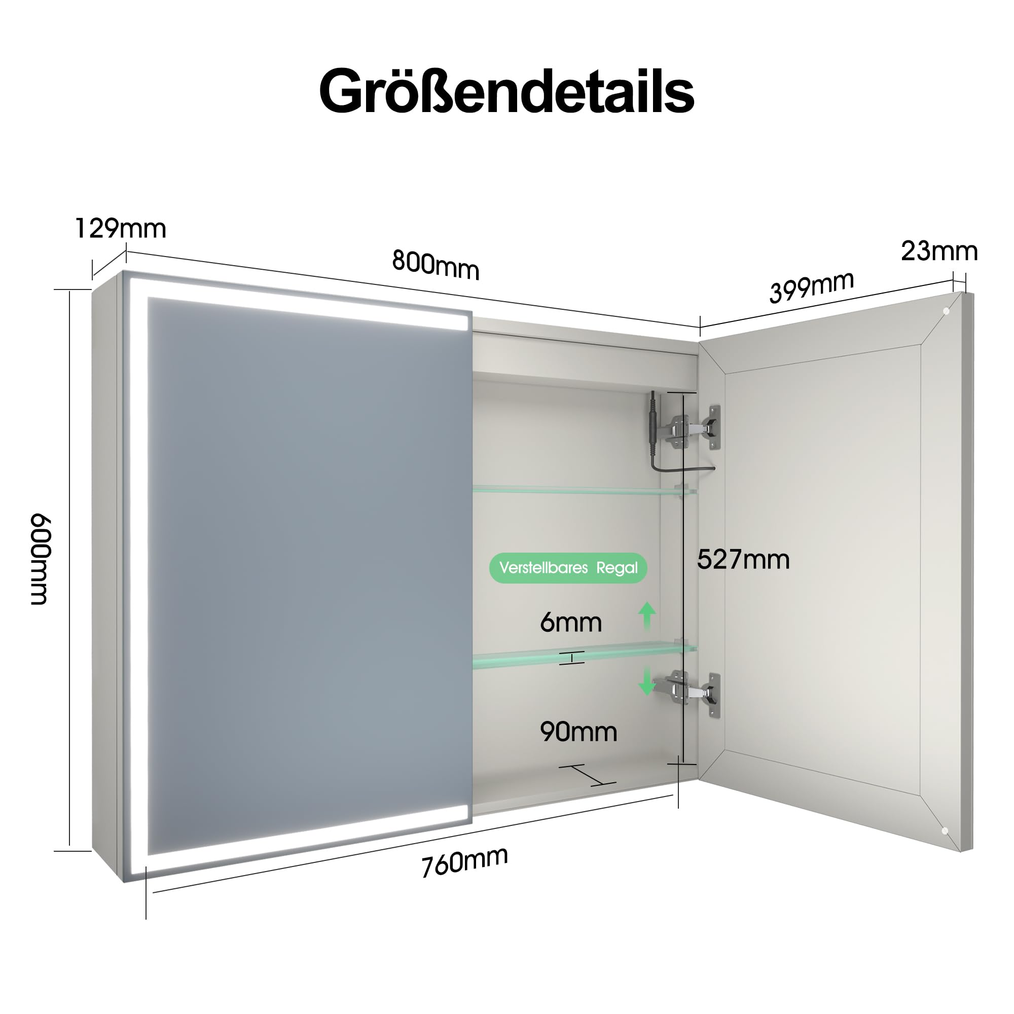 S'bagno Spiegelschrank Bad Mit Beleuchtung 60x80cm, Badezimmer Spiegelschrank, Aluminium Alibertschrank Bad, Entfoggen, 3 Farben, Dimmbar, Speicherfunktion, HD Gehärtetes Glas, IP44, Weiß
