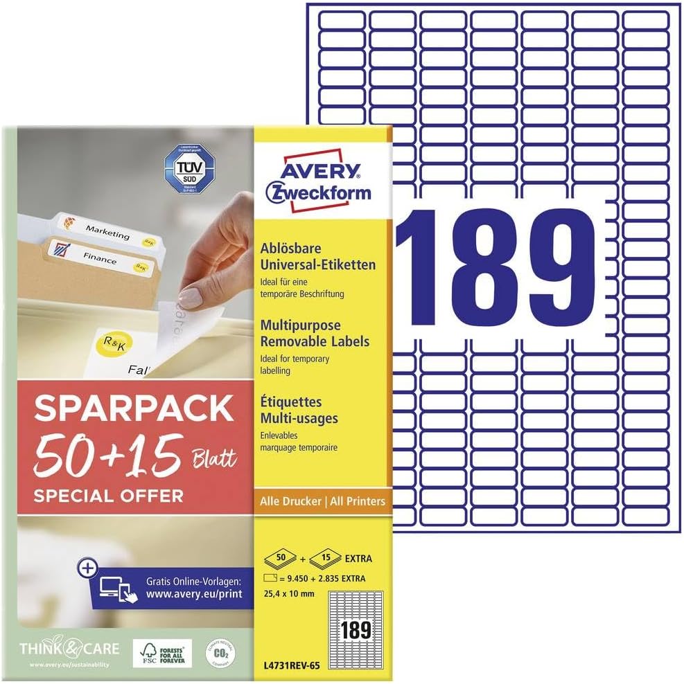 AVERY Zweckform L4736REV-65 Universal Labels (2,400 Plus 720 Extra Adhesive Labels, 45.7 x 21.2 mm on A4, Removable/Removable Without Residue, Printable, Self-Adhesive Stickers) 65 Sheets, White