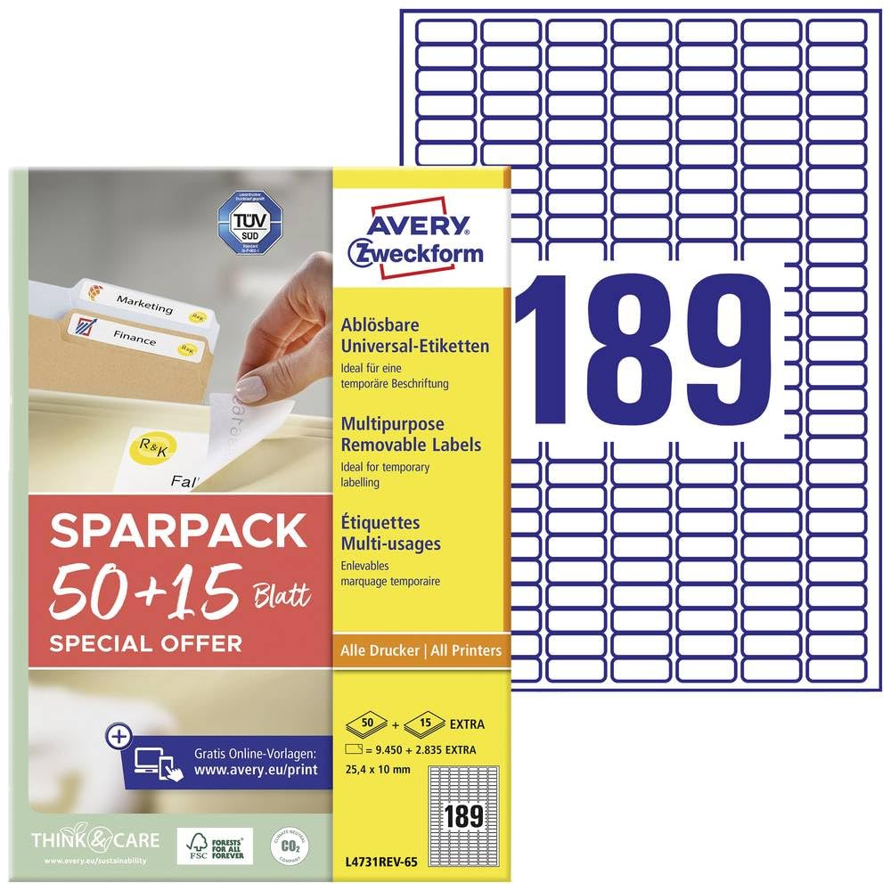 AVERY Zweckform L4731REV-65 Universal Labels (9.450 Plus 2,835 Extra Adhesive Labels, 25.4 x 10 mm on A4, Removable/Removable Without Residue, Printable, Self-Adhesive Stickers) 65 Sheets, White