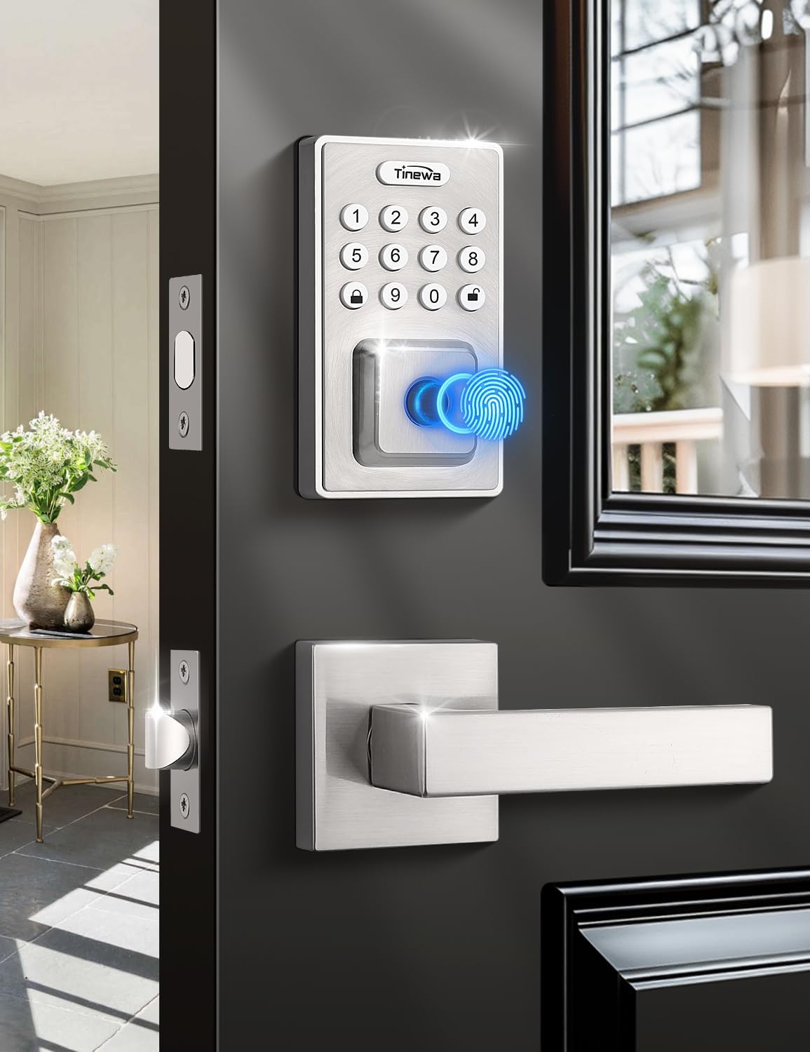 Square Keyless Entry Door Lock with 2 Lever Handles, Fingerprint Entry Door Handleset, Keypad Deadbolt with App, Auto Lock & One Touch Locking, Front Smart Door Handle Sets, Satin Nickel