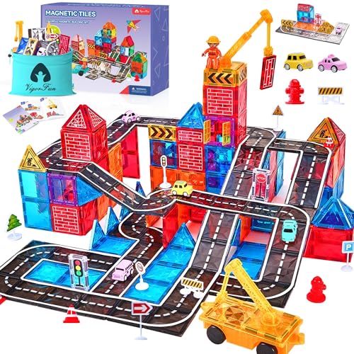 Magnetic Tiles Road Set with Car Crane and Toy Figurine, Construction Tiles Building Blocks Set for Kids Birthday Gifts, Educational STEM Sensory Toys for 3 4 5 6 7 8+ Year Old Toddlers Boys Girls