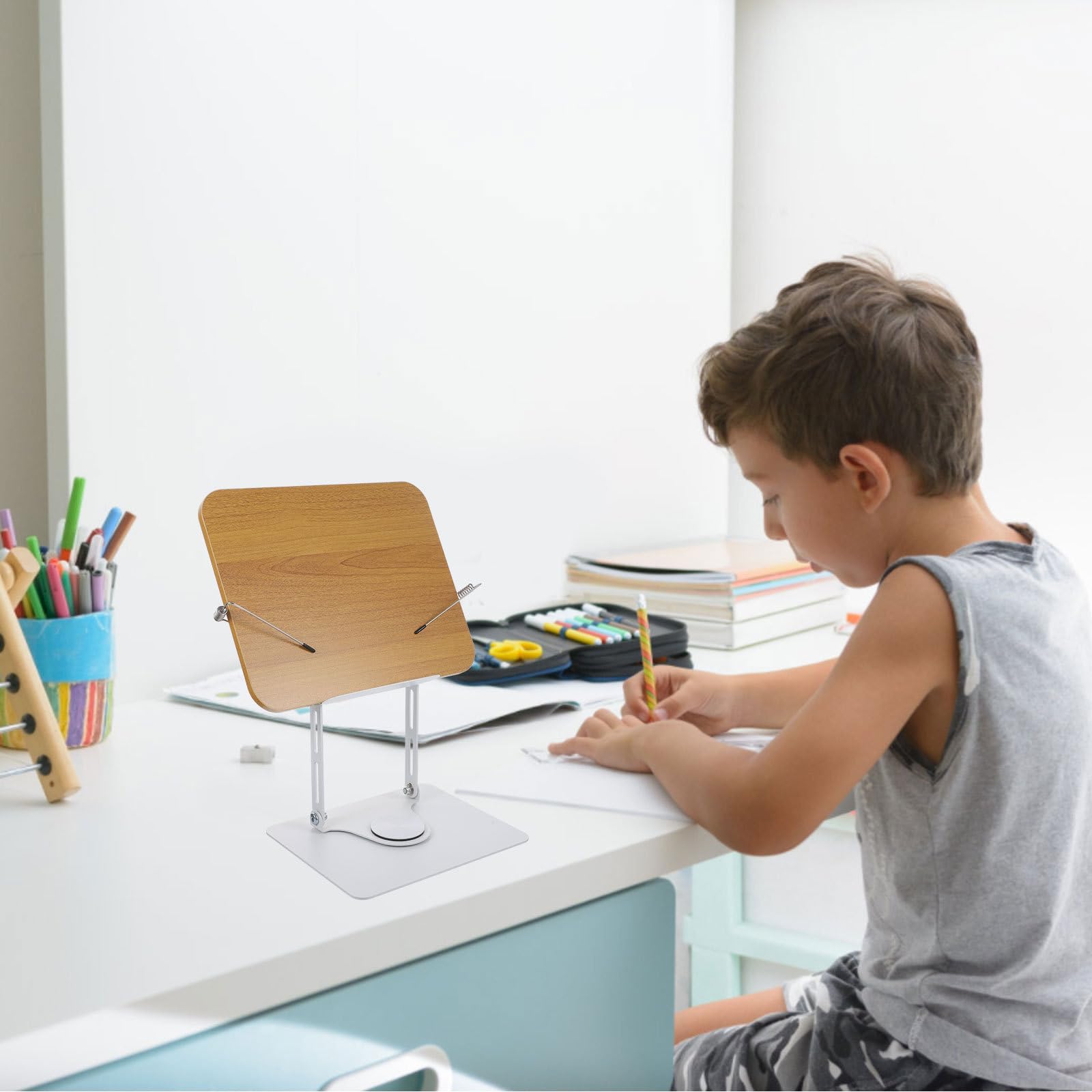POPETPOP Leggio Porta Libri Portatile in Lega di Alluminio Base Girevole e Altezza Regolabile, Supporto Hands-free per Biblioteca e Ufficio Domestico