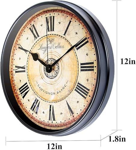 Miniatura 6 de Justup Reloj de pared de metal negro de 12 pulgadas, estilo europeo, retro, vintage, sin tictac, silencioso, funciona con pilas, con vidrio HD,