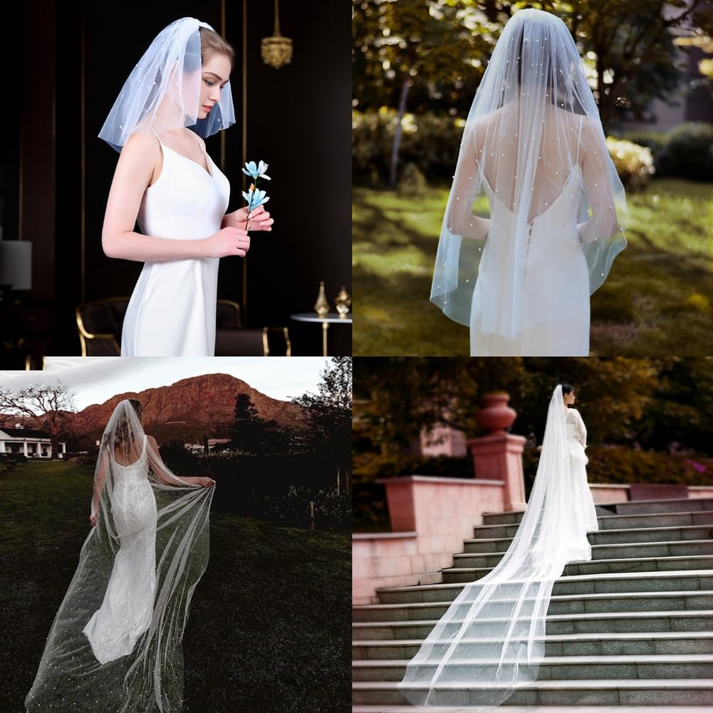 Brautschleier Perlen Weiß Hochzeitsschleier Elegent Kirche Braut Schleier 1 Stöckig Weicher Tüll Perlenschleier Haarschmuck für Hochzeit Junggesellinnenabschied mit Kamm 300cm