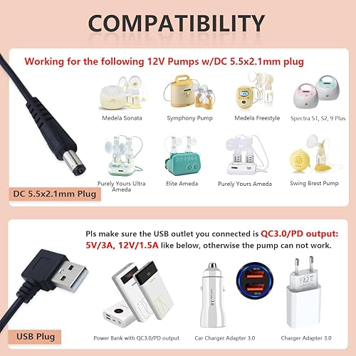 Miniatura 2 de Adaptador USB de coche de 12 voltios para Medela Sonata, Ameda Purely Yours 12V, Spectra S1 S2 y Lactina Hygeia EnJoye Extractor de Leche reemplaza