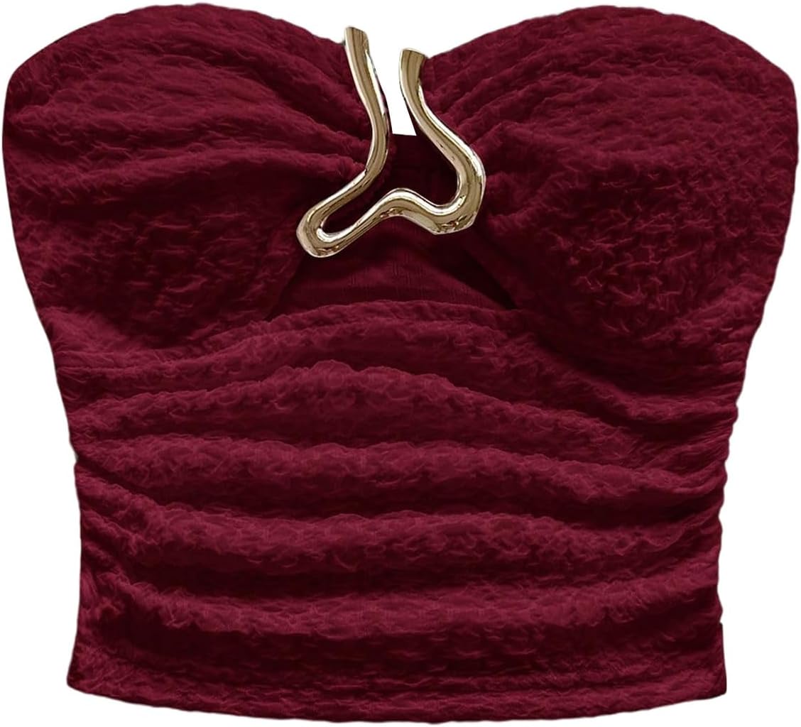 SOLY HUX Women's Summer Tube Tops Strapless Sleeveless Cut Out Ruched Bandeau Y2k Going Out Crop Top Plain Burgundy X-Small
