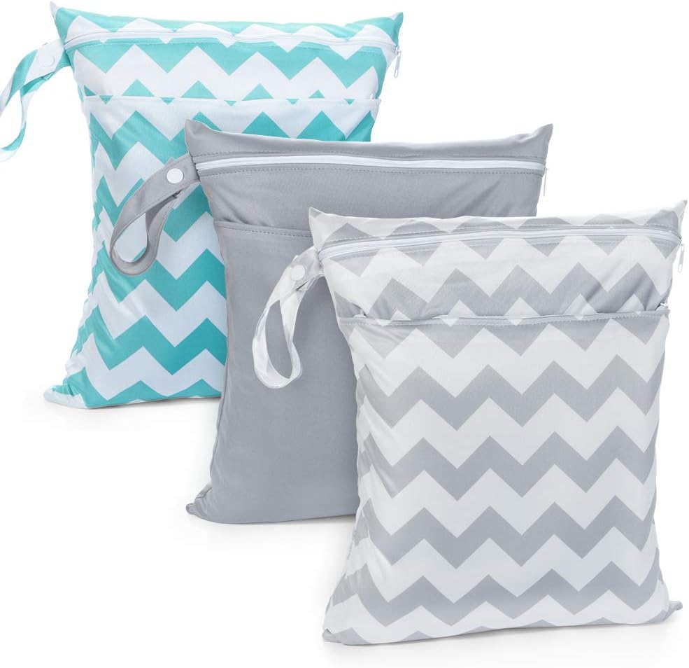 AiKiddo Baby Wet Dry Bag Capacity Waterproof Cloth Diaper Nappy Bag with 2 Zippers (3pcs)