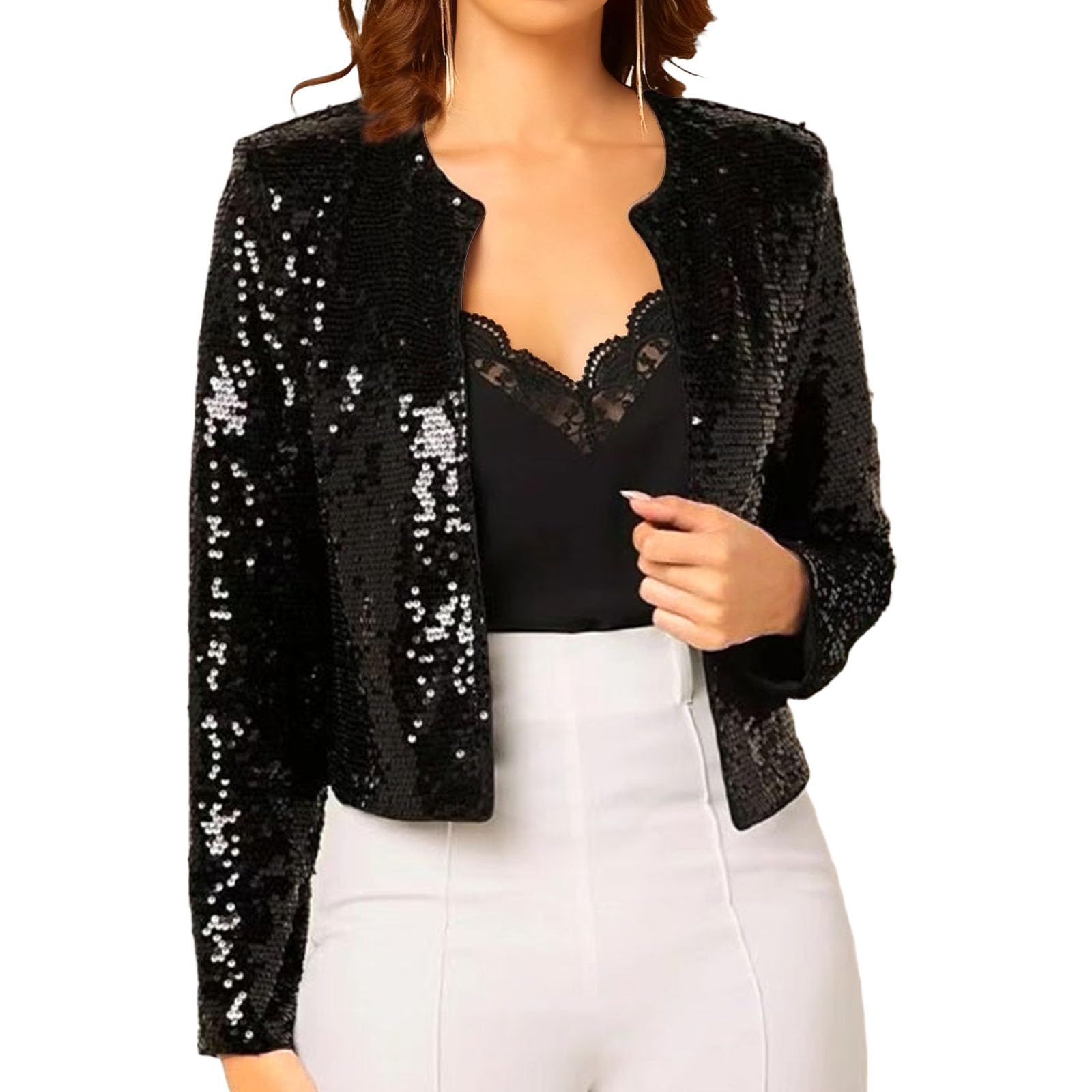 Sequin Blazer for Women Casual Open Front Glitter Jacket Long Sleeve Short Crop Blazer Cardigan Coat