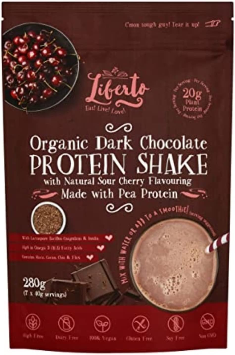 Liberto Organic Vegan Dark Chocolate Protein Shake with Sour Cherry Flavouring, 280g
