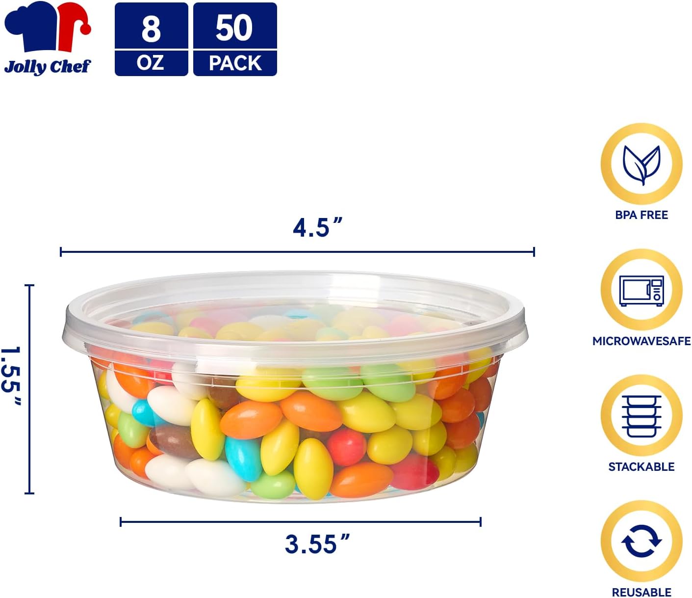 JOLLY CHEF Deli Food Storage Containers with Lids 8 OZ 50 Set Food Storage Containers, Leakproof |Stackable | Microwave | Dishwasher | Freezer Safe - Image 2