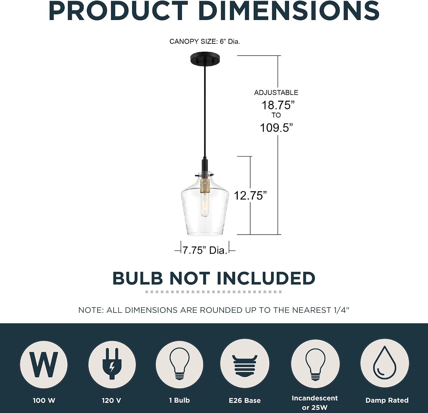 Quoizel June Mini Pendant Light, 7.75" W, Earth Black Clear Tapered Glass, Dimmable, Adjustable 96" Height, ETL Damp-Rated