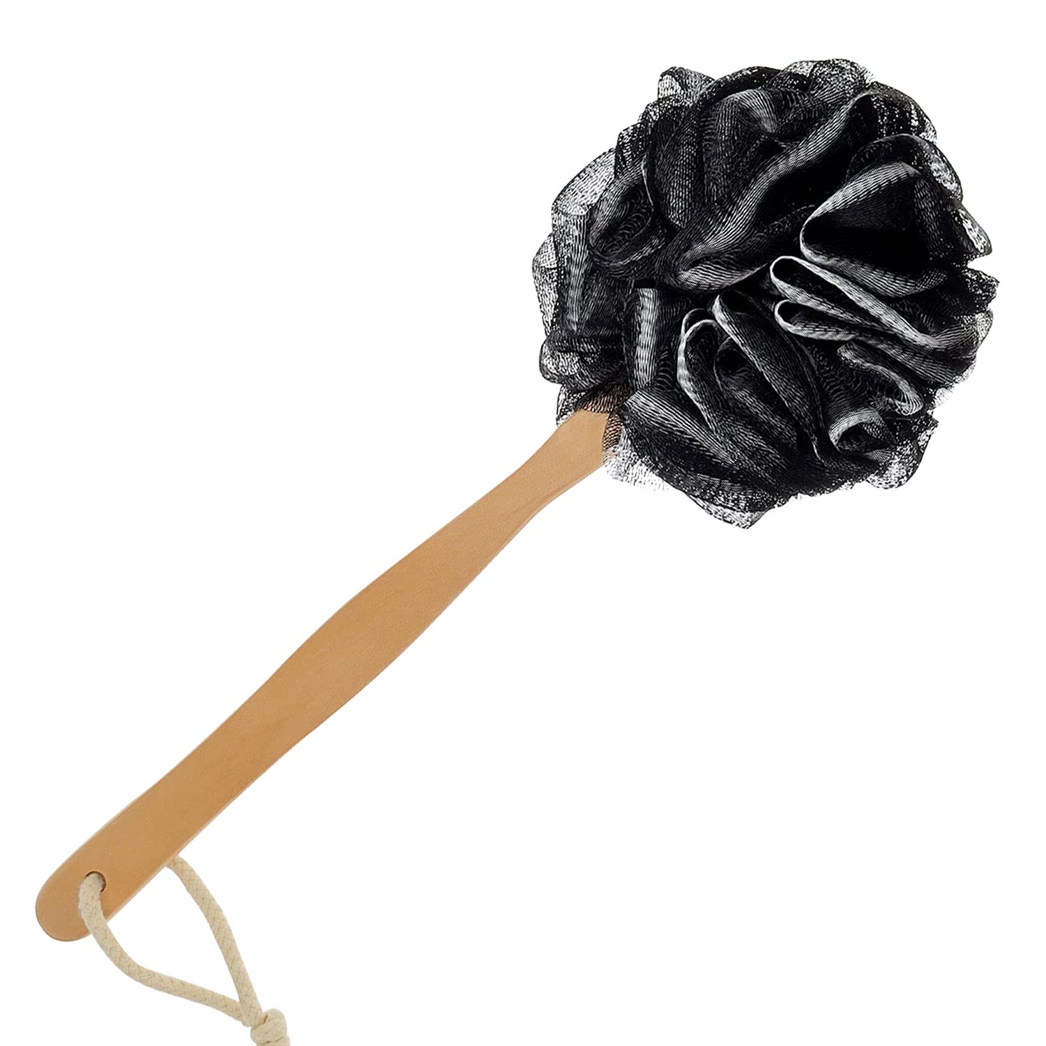RASDDER Black Loofah with Handle - Back Scrubber & Exfoliating Shower Sponge, PE Soft Mesh on a Wooden Stick for Men and Women