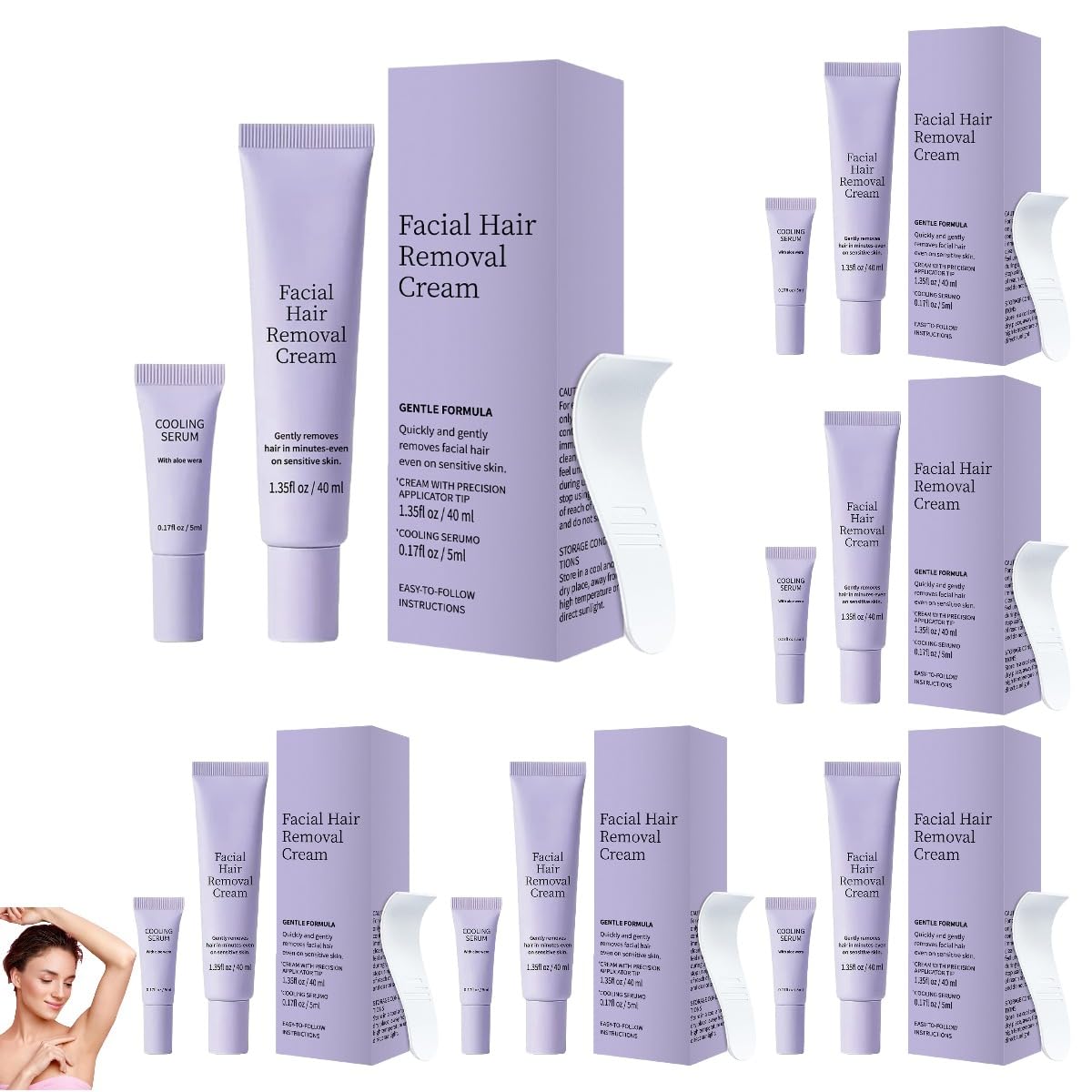 Crema depilatoria per il viso da donna con siero lenitivo rinfrescante – arricchita con aloe vera, ideale per mento, labbro superiore e zampe (6 pezzi)