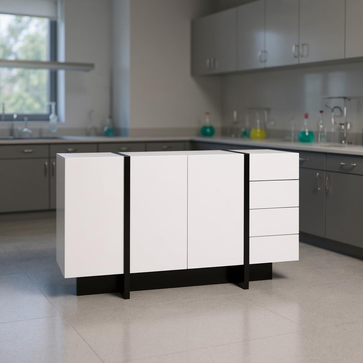 HOMYLIN Laborschrank mit Schubladen und verstellbaren Regalen, 150 cm Schrank für Forschung und Medizin, Weiß
