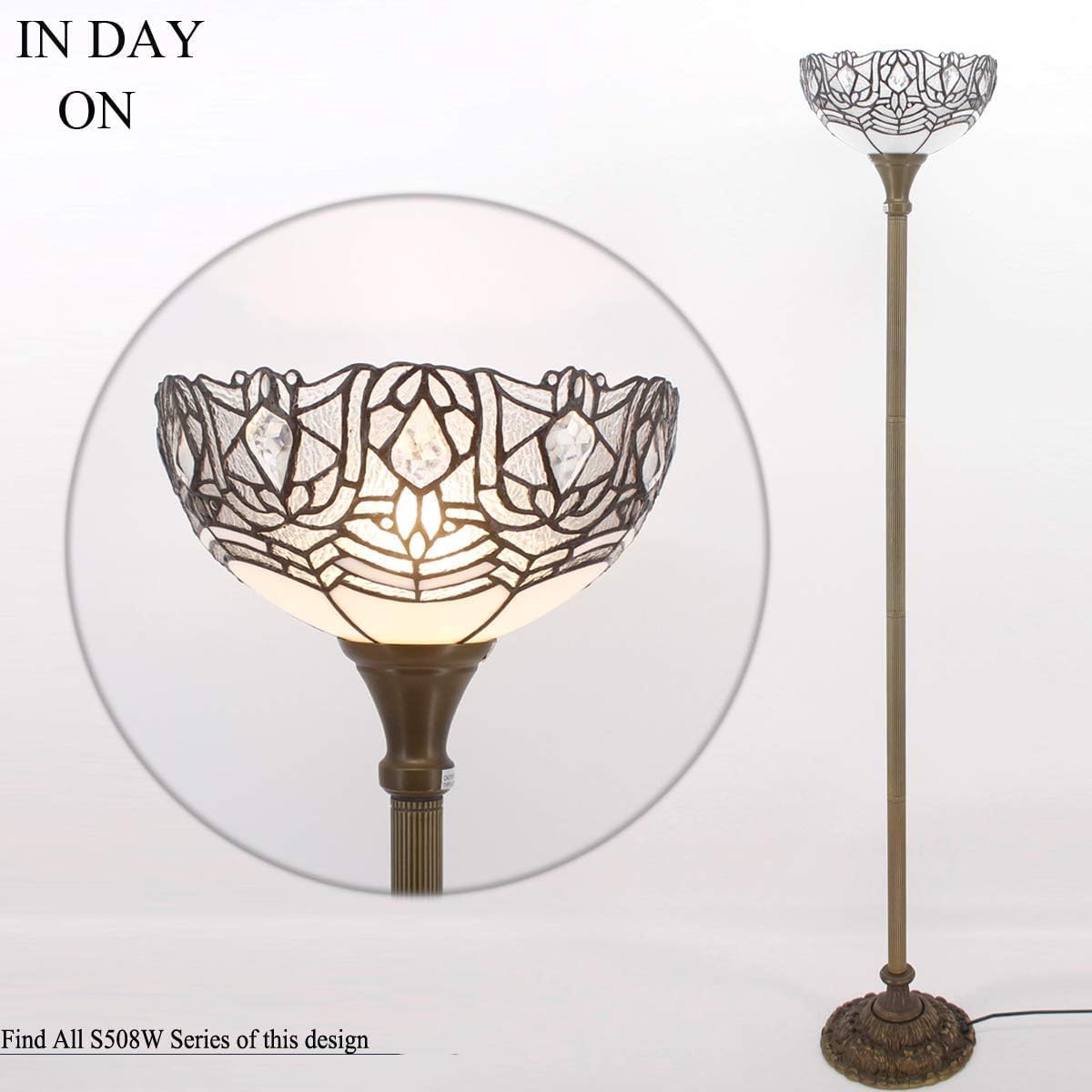 WERFACTORY Tiffany Floor Lamp White Crystal Stained Glass Light 12X12X71 Inches Pole Torchiere Standing Corner Torch Uplight Decor Bedroom Living Room Home Office S508W Series