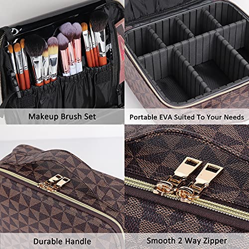 Yewamia Travel Makeup Case Professional Pu Cosmetic Train Case Cosmetic Storage Case Organizer With Adjustable Compartments For Cosmetic Brushes Tools,Jewelry Accessories,(Brown Triangle) #TOP1