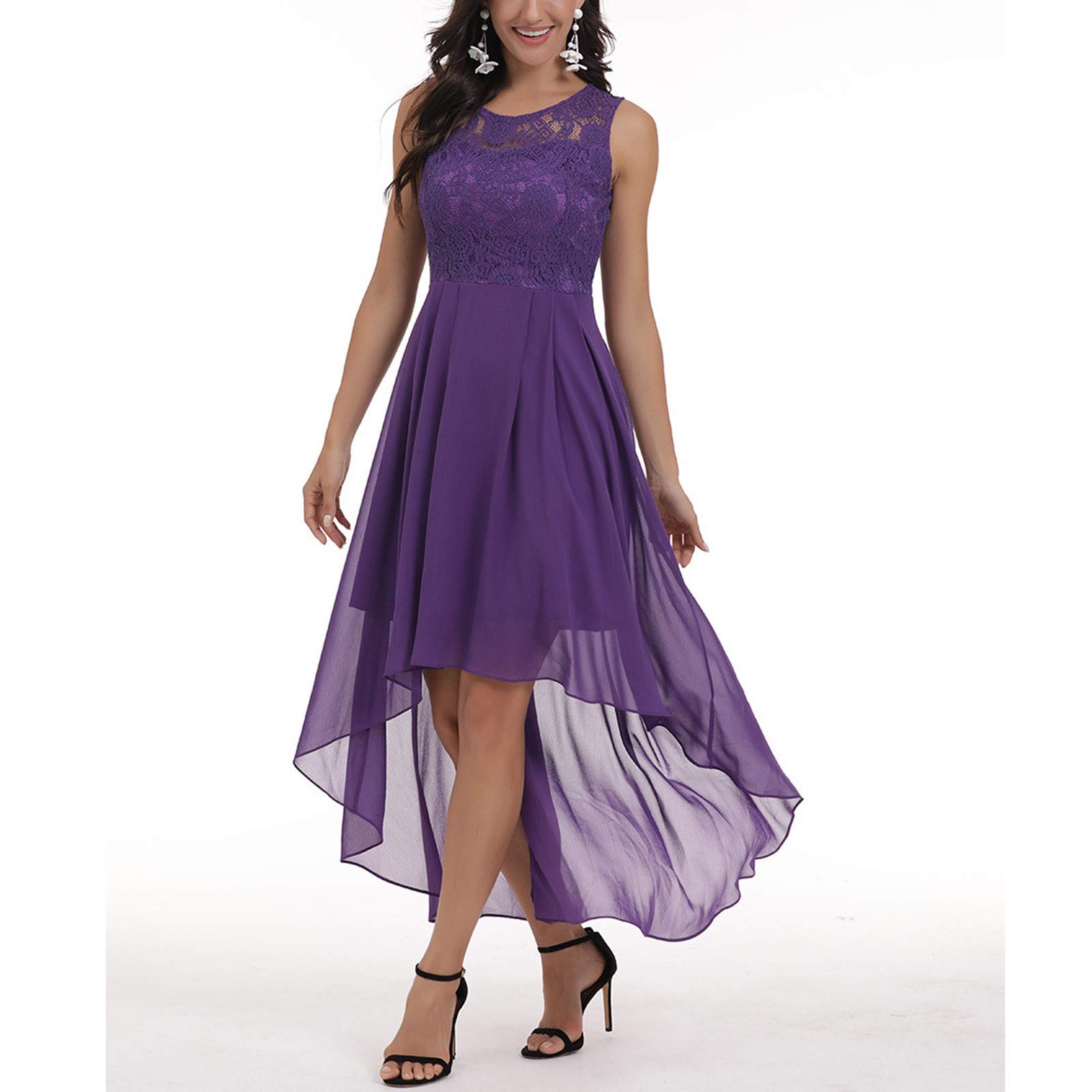 Kleid Hochzeitsgast Damen Elegant Abendkleider Lang Sommer Brautjungfernkleider Lochstickerei A Linie Sommerkleider Frauen Leicht Und Luftig Spitzenkleid Midi Asymmetrisch Kleider Für Hochzeit