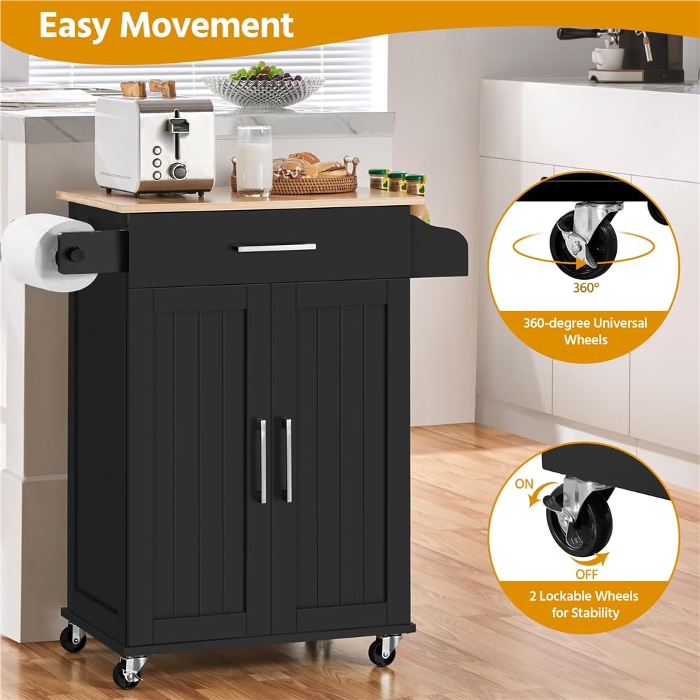 Yaheetech Carrello da Cucina con Ruote Cassetto a 2 Ante Piano di Lavoro Carrellino Salvaspazio con Portasciugamani e Portaspezie Moderno Porta Microonde 91,5 x 66 x 45,5 cm Nero
