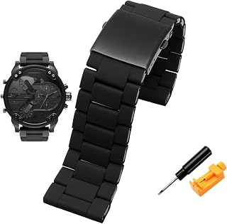 BEIGUA 28mm Silicone Stainless Steel Watchband Compatible with Diesel Watch Strap DZ7396 DZ7370 DZ4289 DZ7070 DZ7395 Men Rubber Wrist Band Bracelet (Band Color : Black, Band Width : 28mm)
