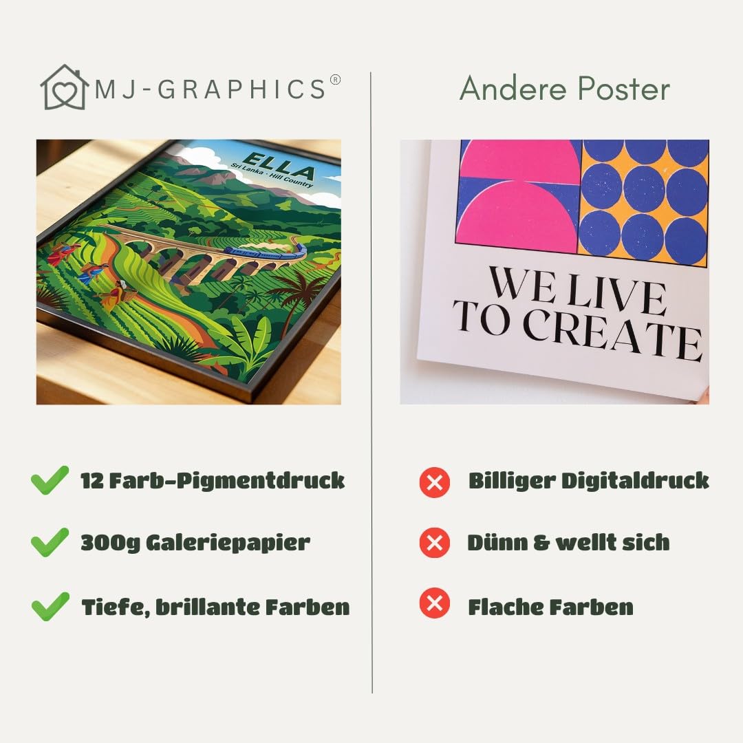 MJ-GRAPHICS® Poster Teeplantagen Kunstdruck Ella Wandbild Landschaft Deko Zug malerisch Farben Wohnzimmer Natur Wanddeko Hügel Reise Abenteuer Farbspiel 50x70 mit schwarzem Rahmen