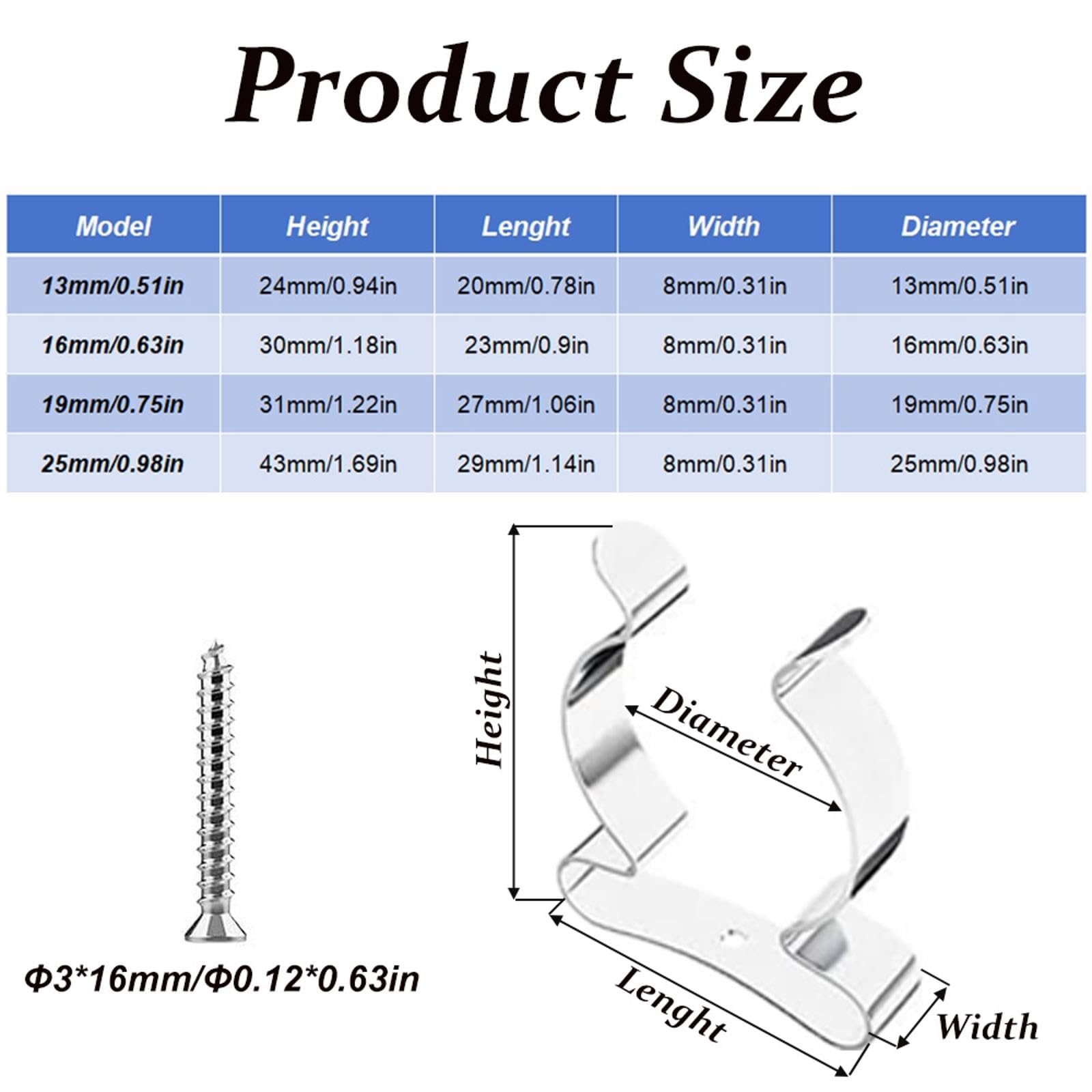 SEIWEI 16 Pcs U Shaped Spring Clamps, Stainless Steel Clip Holder Bracket with Screws for Hanging Kitchen Home Garden Garage Organization (4 Sizes)