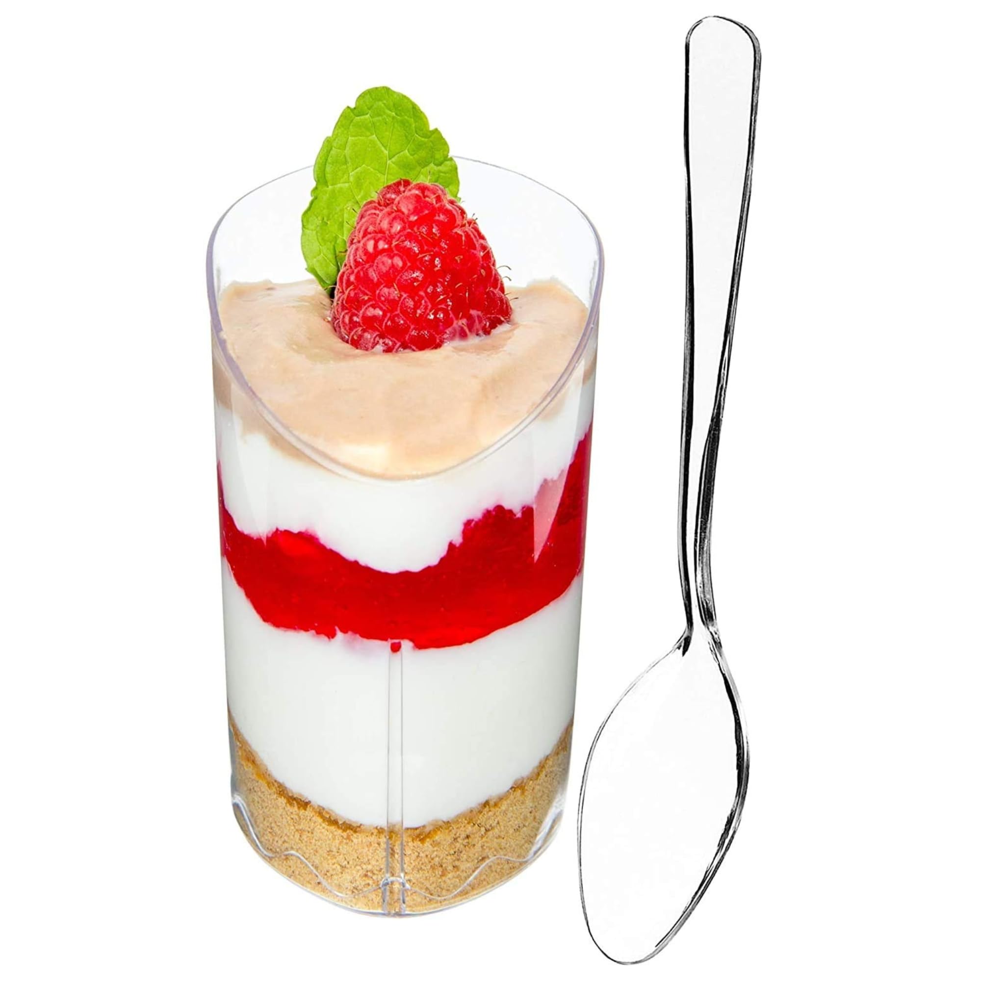 - DLux 28 x 3 oz Mini Dessert Cups with Spoons, Slanted Triangle - Clear Plastic Parfait Appetizer Cup - Small Reusable Serving Bowl for Tasting Party Desserts Appetizers - With Recipe Ebook