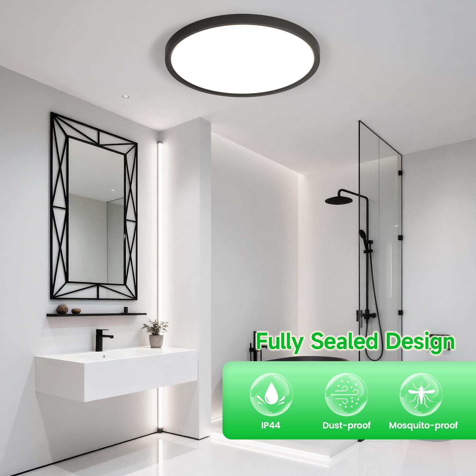 OTREN Lampa sufitowa LED do ściemniania 52 W, 5200 lm, z pilotem, trybem nocnym i funkcją pamięci, czarna 3000 K - 6500 K, wodoodporna IP44, do łazienki, kuchni i sypialni, 50 cm